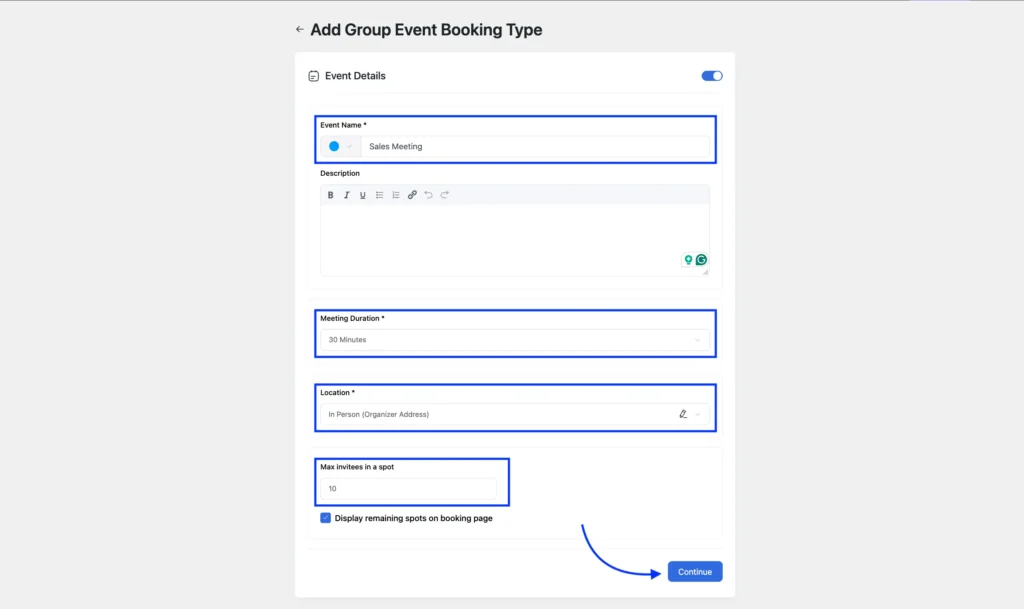booking information setup